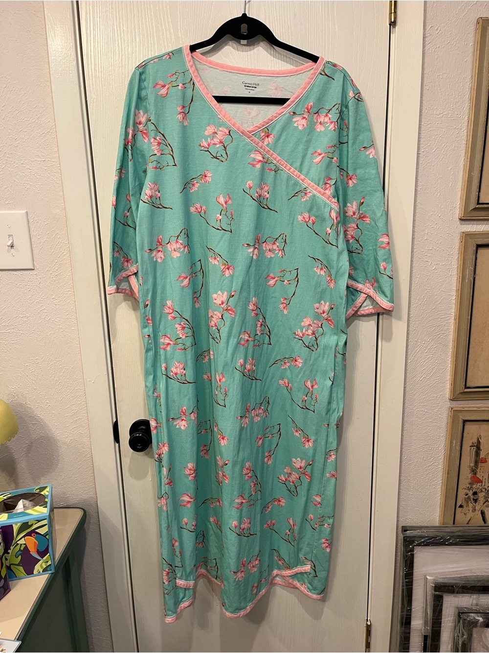Garnet Hill Asian Wrap Pajamas Long Nightgown Nightie Organic Cotton Knit Sz XL